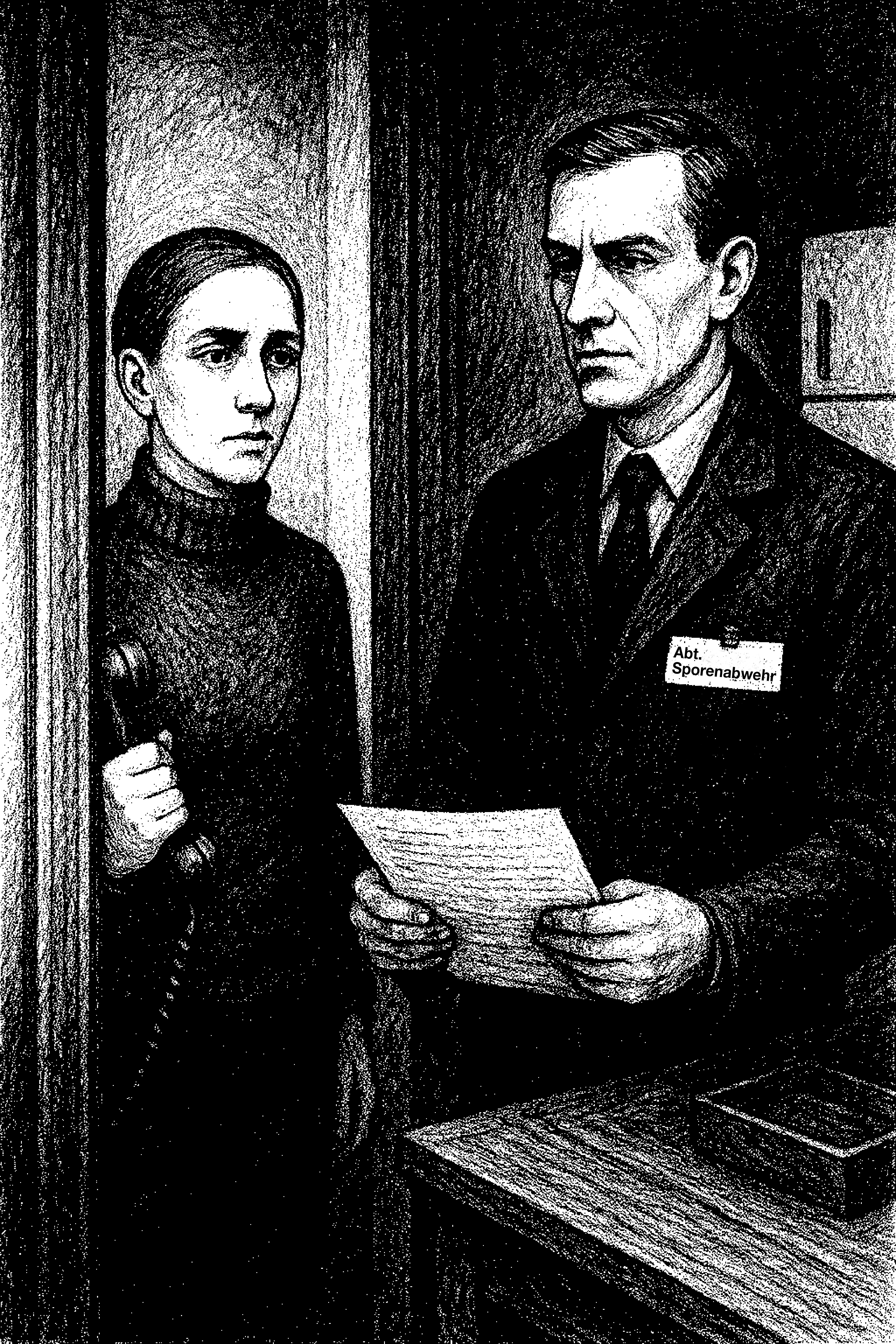 Mitarbeiter der Abteilung Sporenabwehr in einer vollen U-Bahn, umgeben von maskierten Menschen.