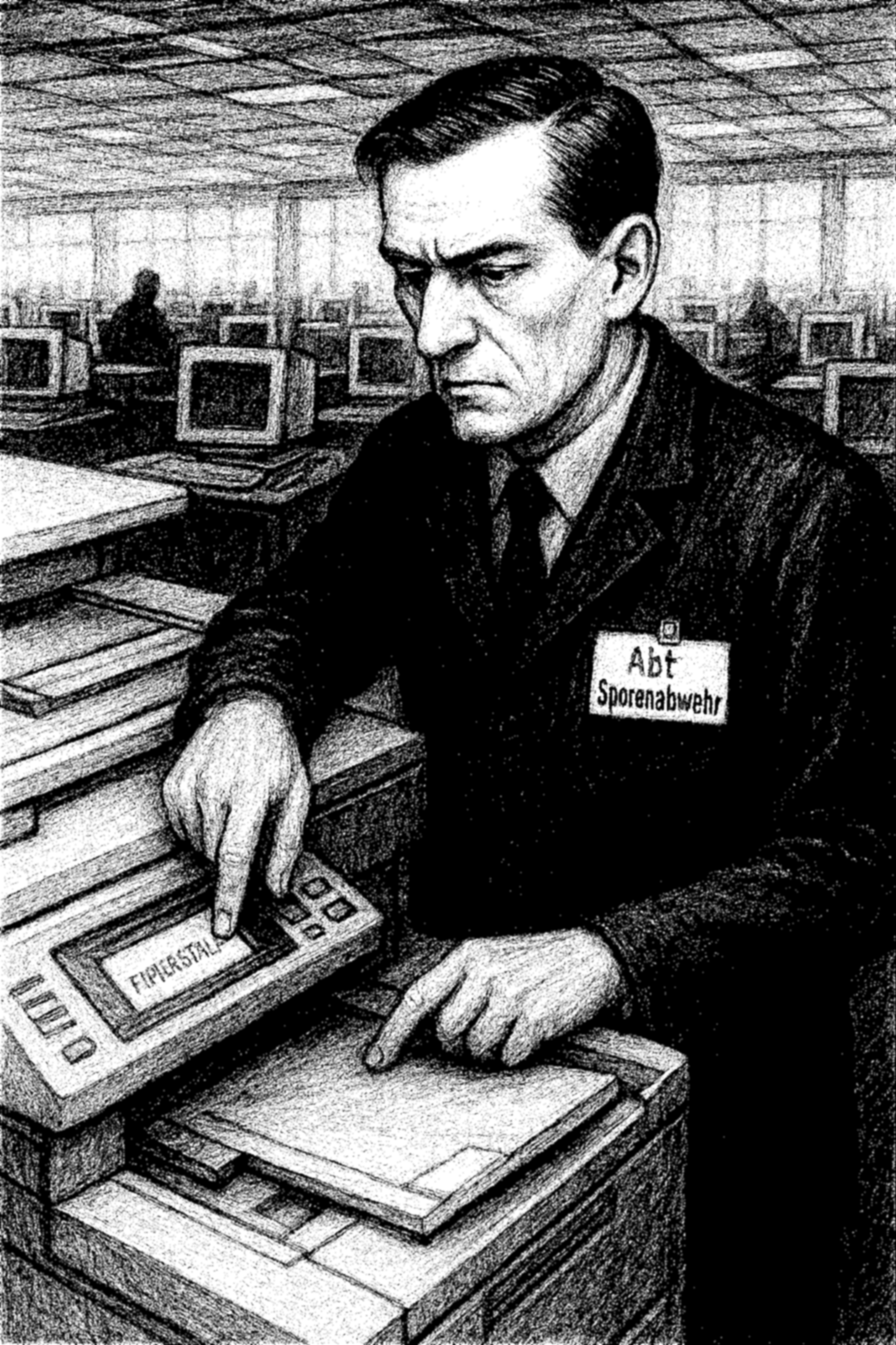 Mitarbeiter der Abteilung Sporenabwehr an einem Kopierer im Großraumbüro.